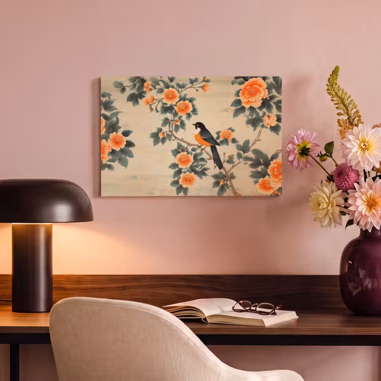 Canvas schilderij - Vogel - Tak - Bloemen - Oranje — 4