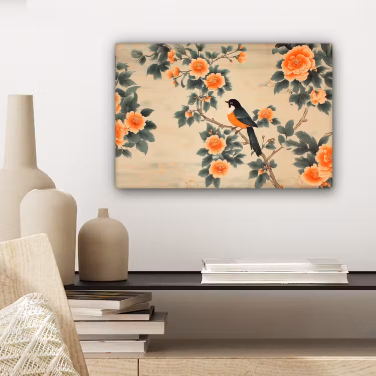 Canvas schilderij - Vogel - Tak - Bloemen - Oranje — 5