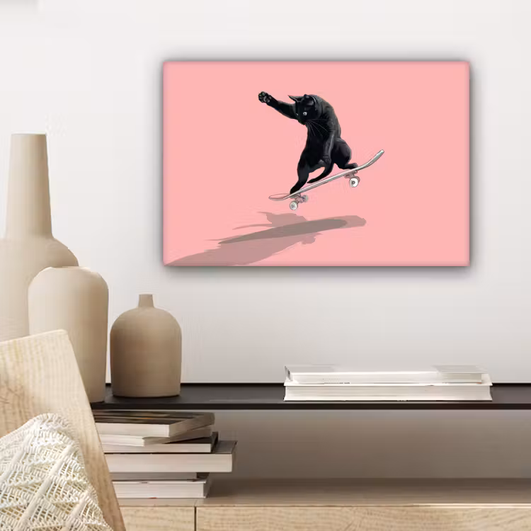Canvas schilderij - Kat - Skateboard - Roze — 5