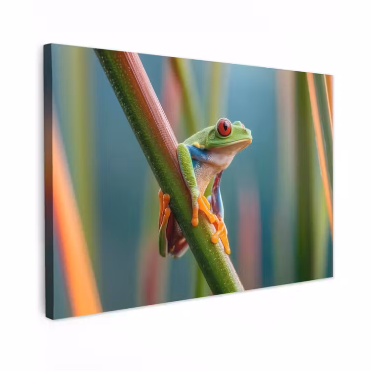 Canvas schilderij - Kleurrijke kikker - Groene stengel - Alert — 1
