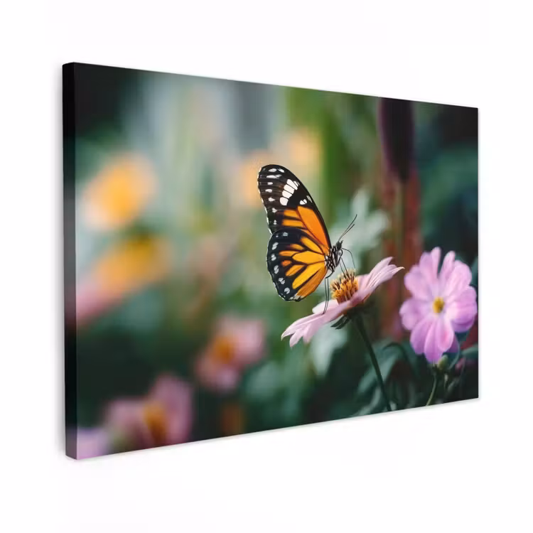 Canvas schilderij - Roze bloemen - Vlinder - Zachte focus — 1