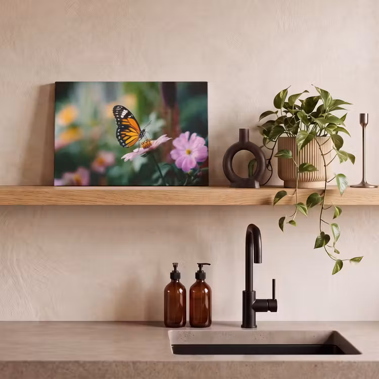 Canvas schilderij - Roze bloemen - Vlinder - Zachte focus — 3