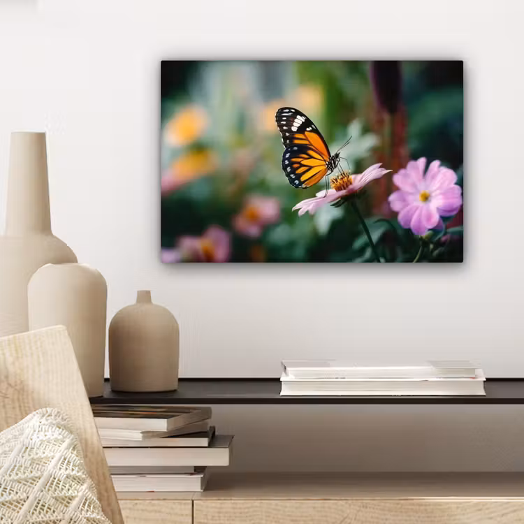 Canvas schilderij - Roze bloemen - Vlinder - Zachte focus — 5