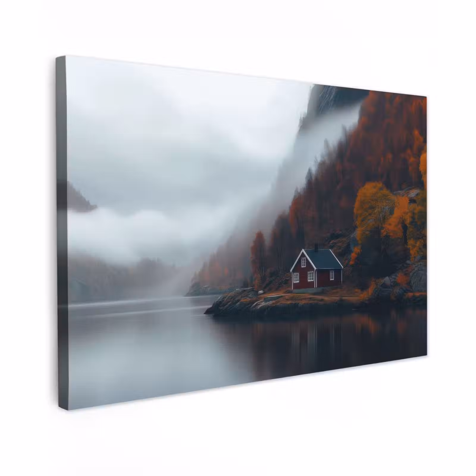 Canvas schilderij - Huis - Rood - Bergen - Water — 1