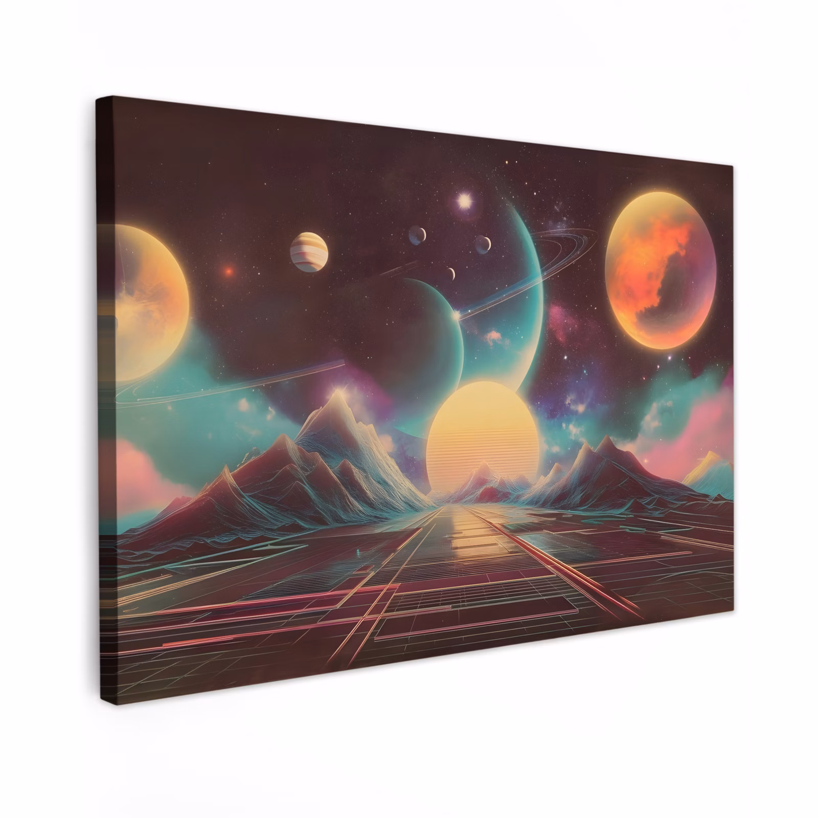 Canvas schilderij - Planeten - Neon - Berglandschap - Zon — 1