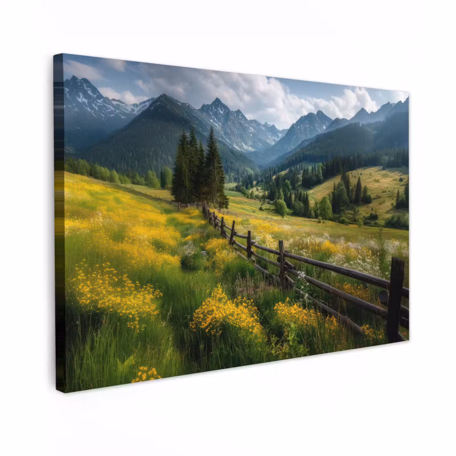 Canvas schilderij - Veld - Hek - Bergen - Bloemen — 1