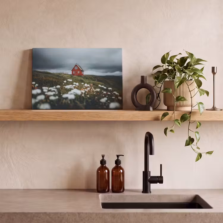 Canvas schilderij - Heuvel - Huisje - Bloemen - Wit — 3