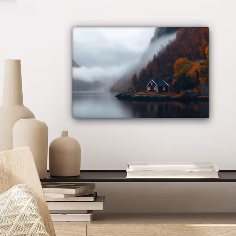 Canvas schilderij - Huis - Rood - Bergen - Water — 5