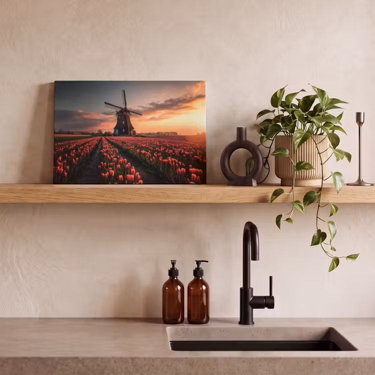 Canvas schilderij - Molen - Zonsondergang - Tulpen - Rood — 3