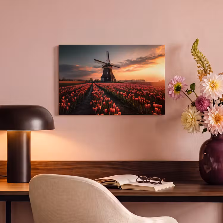 Canvas schilderij - Molen - Zonsondergang - Tulpen - Rood — 4