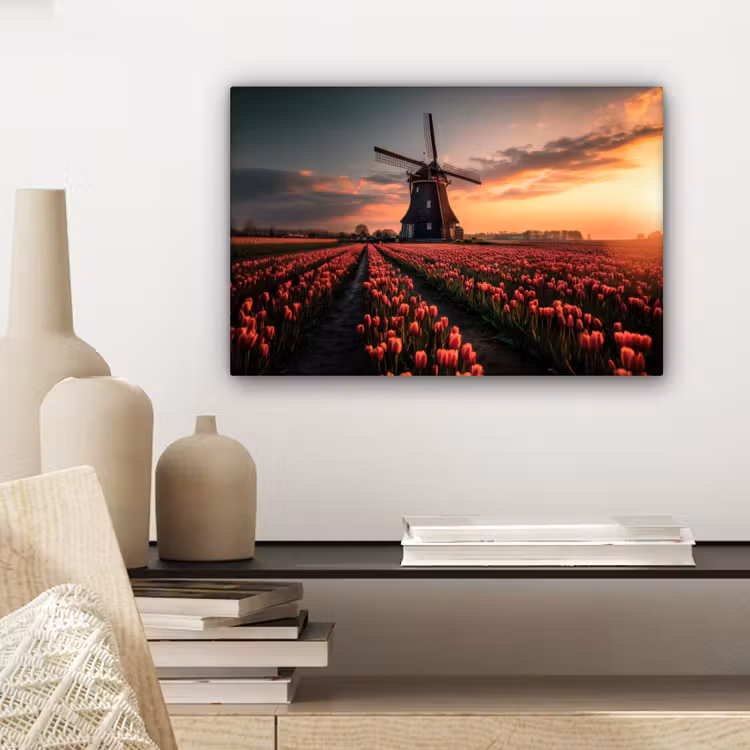 Canvas schilderij - Molen - Zonsondergang - Tulpen - Rood — 5