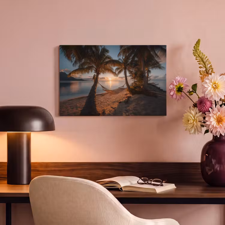 Canvas schilderij - Palmbomen - Hangmat - Strand - Zonsondergang — 4