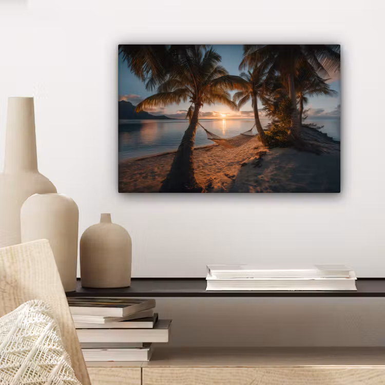 Canvas schilderij - Palmbomen - Hangmat - Strand - Zonsondergang — 5