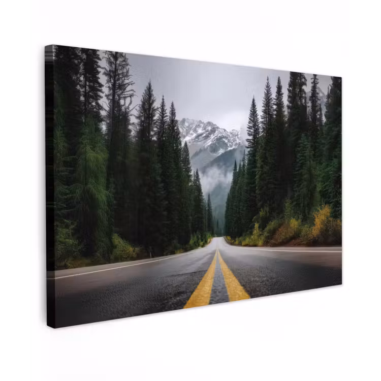Canvas schilderij - Sparrenbos - Weg - Bergen - Sneeuw — 1
