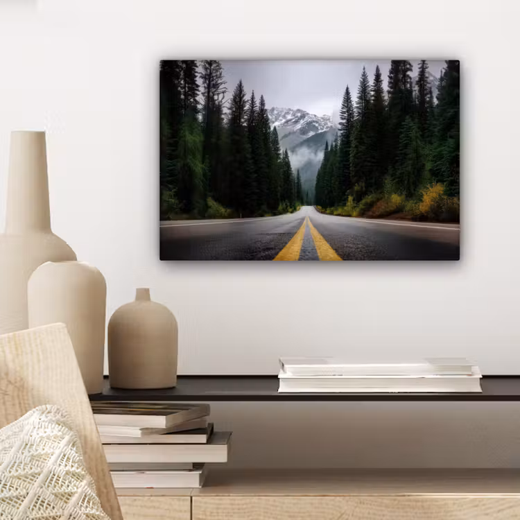Canvas schilderij - Sparrenbos - Weg - Bergen - Sneeuw — 5