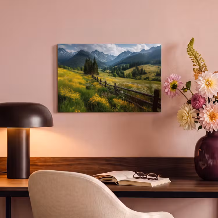 Canvas schilderij - Veld - Hek - Bergen - Bloemen — 4