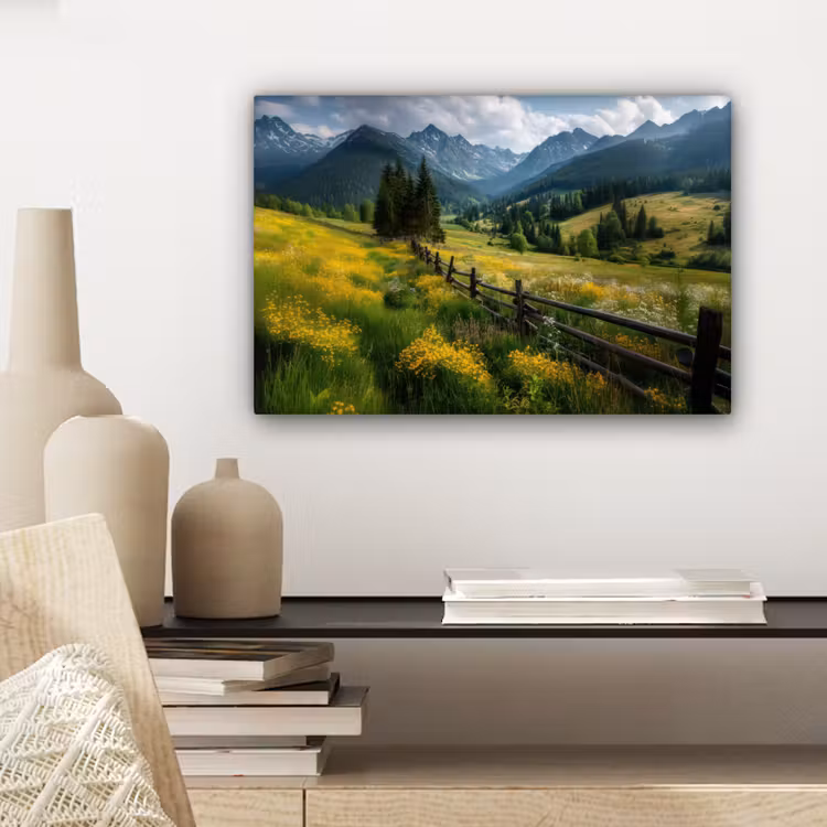 Canvas schilderij - Veld - Hek - Bergen - Bloemen — 5