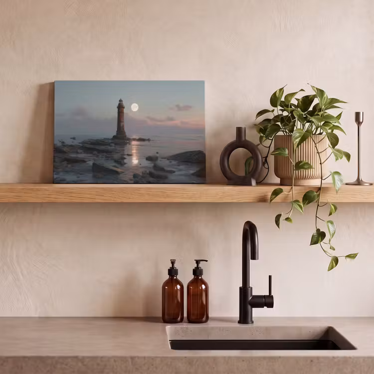 Canvas schilderij - Vuurtoren - Stenen - Water - Maan — 3