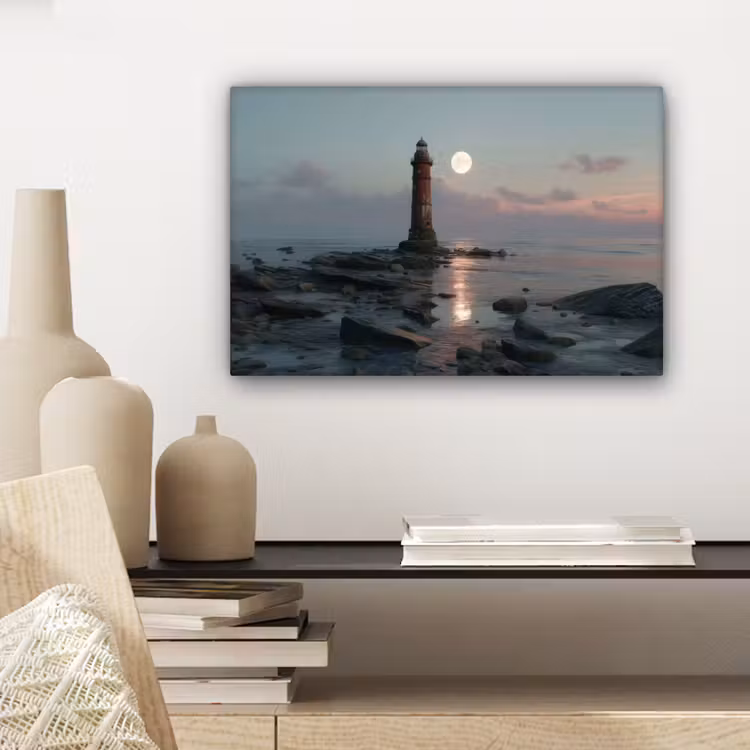 Canvas schilderij - Vuurtoren - Stenen - Water - Maan — 5