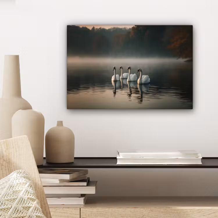 Canvas schilderij - Zwanen - Wit - Water - Mist — 5