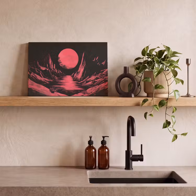 Canvas schilderij - Maan - Felroze - Bergen - Rivier — 3