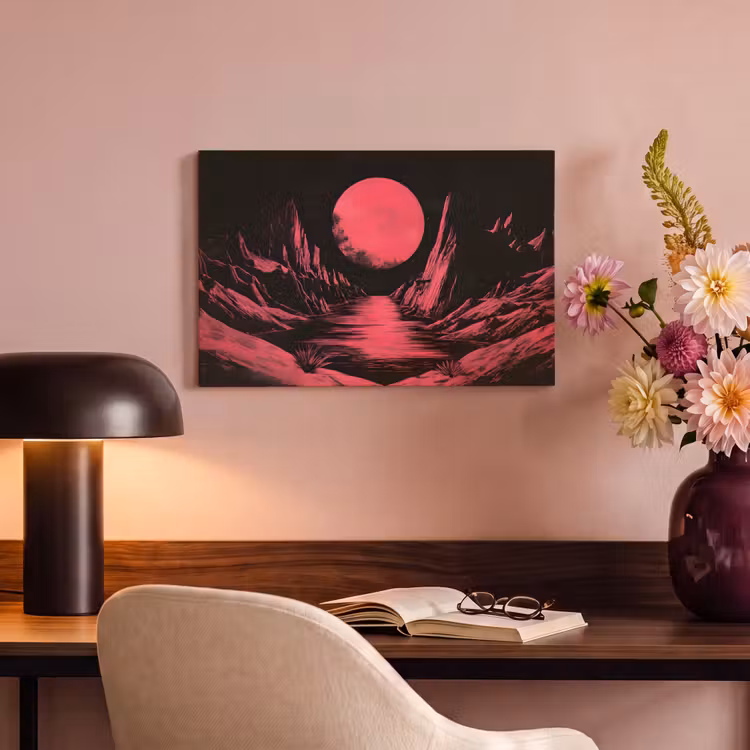 Canvas schilderij - Maan - Felroze - Bergen - Rivier — 4