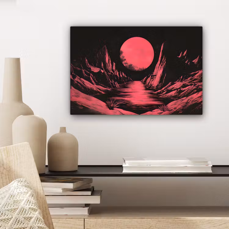 Canvas schilderij - Maan - Felroze - Bergen - Rivier — 5