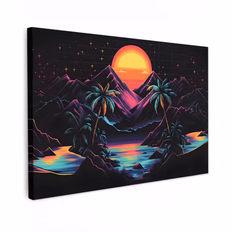 Canvas schilderij - Palmbomen - Neonbergen - Sterrenhemel - Zon — 1