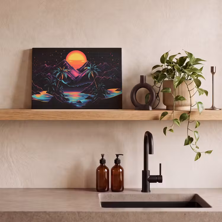 Canvas schilderij - Palmbomen - Neonbergen - Sterrenhemel - Zon — 3