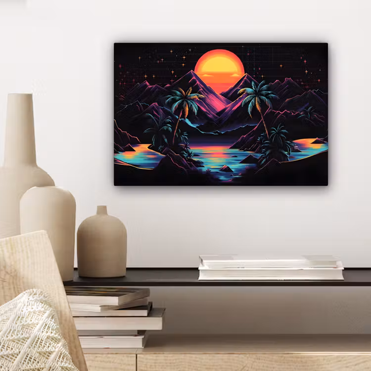 Canvas schilderij - Palmbomen - Neonbergen - Sterrenhemel - Zon — 5