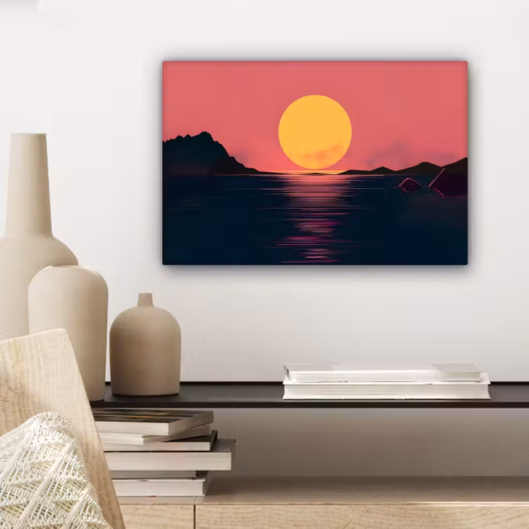 Canvas schilderij - Zon - Geel - Bergen - Water — 5
