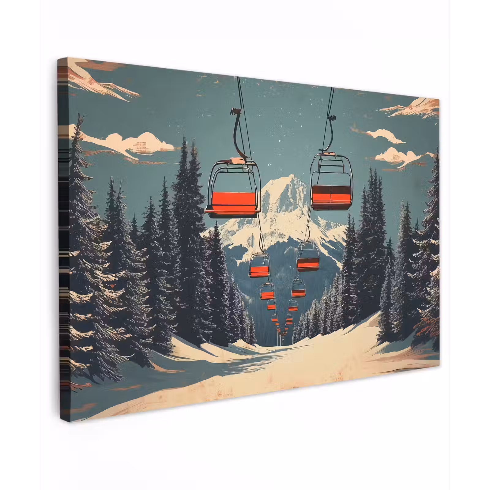 Canvas schilderij - Sneeuw - Skilift - Rood - Bomen — 1