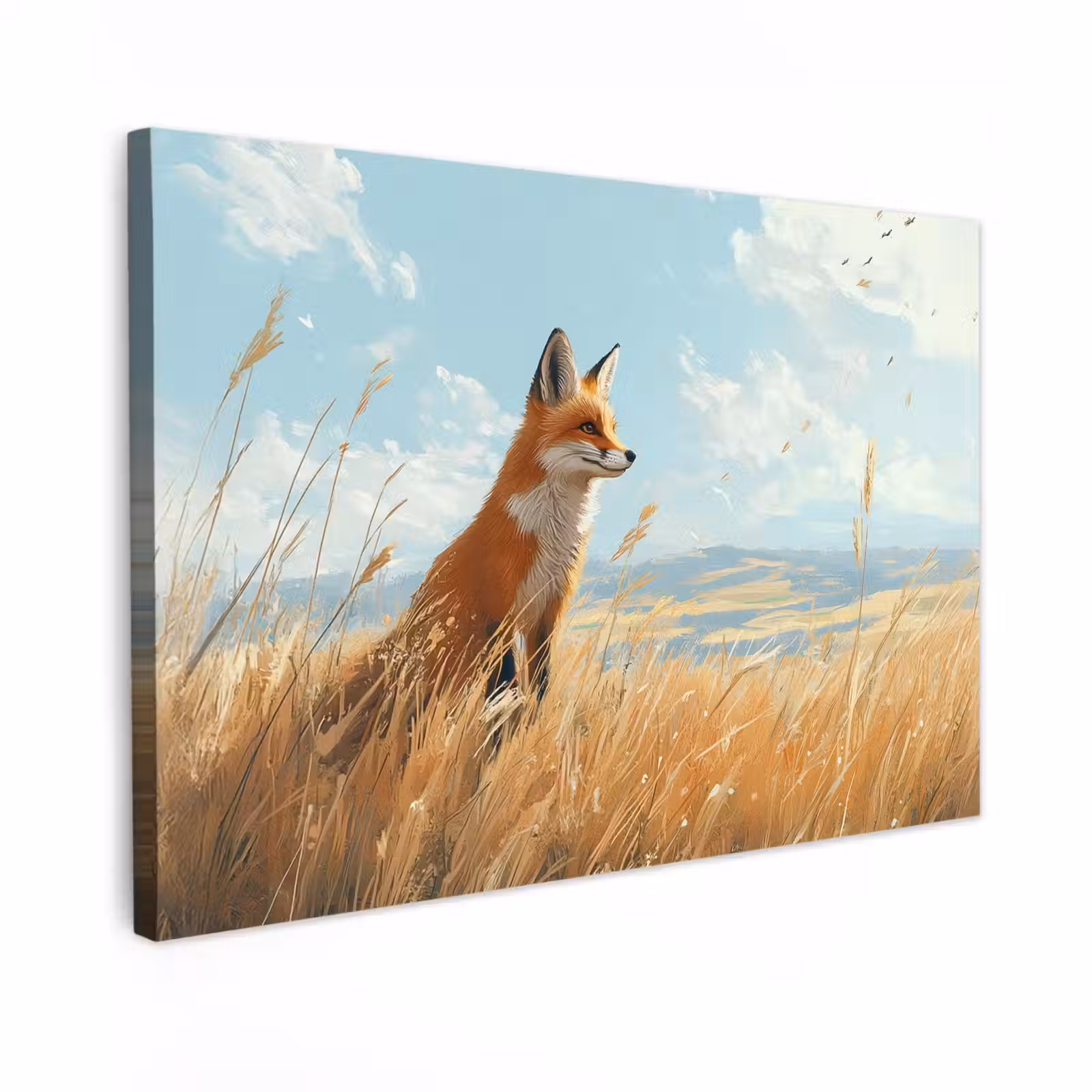 Canvas schilderij - Vos - Gras - Wolken - Oranje — 1