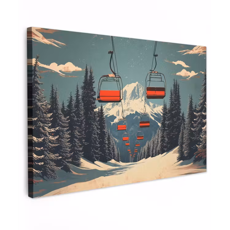 Canvas schilderij - Sneeuw - Skilift - Rood - Bomen — 1