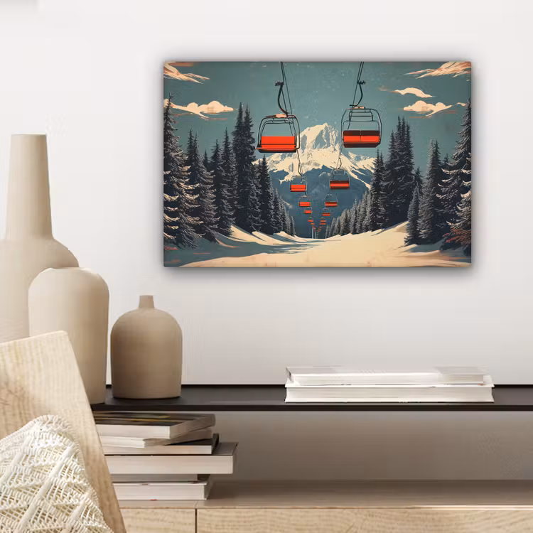 Canvas schilderij - Sneeuw - Skilift - Rood - Bomen — 5
