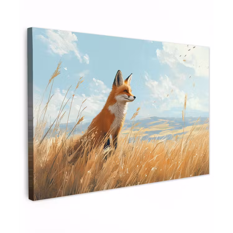 Canvas schilderij - Vos - Gras - Wolken - Oranje — 1