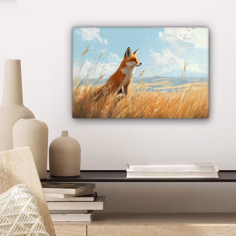 Canvas schilderij - Vos - Gras - Wolken - Oranje — 5