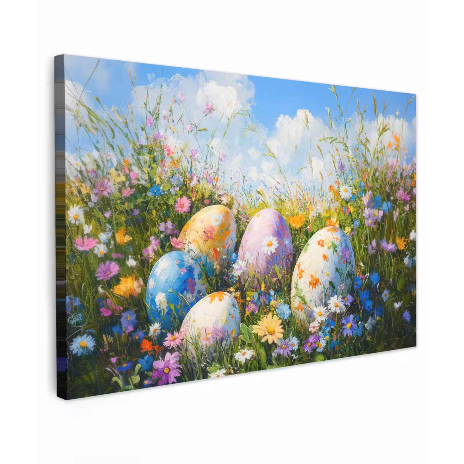 Canvas schilderij - Grasveld - Eieren - Bloemen — 1