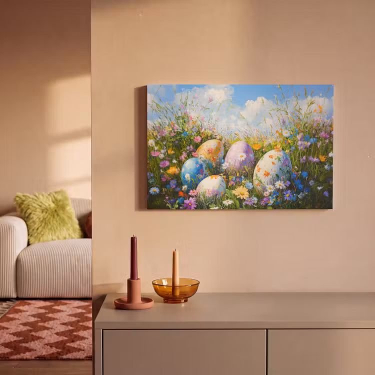 Canvas schilderij - Grasveld - Eieren - Bloemen — 2