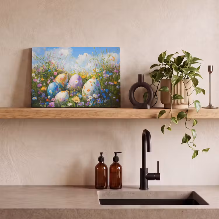 Canvas schilderij - Grasveld - Eieren - Bloemen — 3