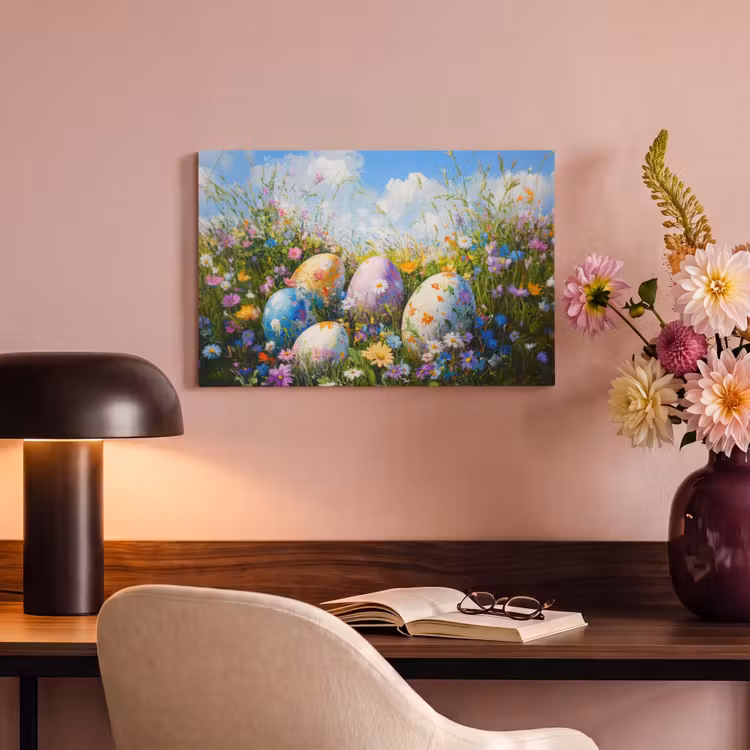 Canvas schilderij - Grasveld - Eieren - Bloemen — 4