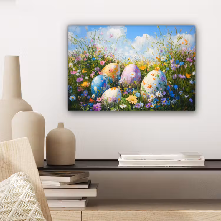 Canvas schilderij - Grasveld - Eieren - Bloemen — 5