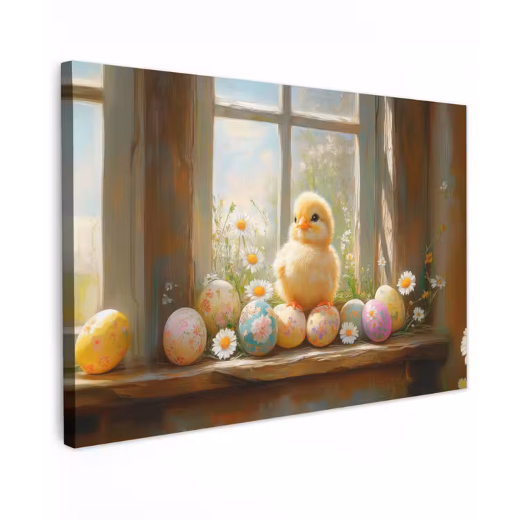 Canvas schilderij - Kuiken - Raam - Paaseieren — 1