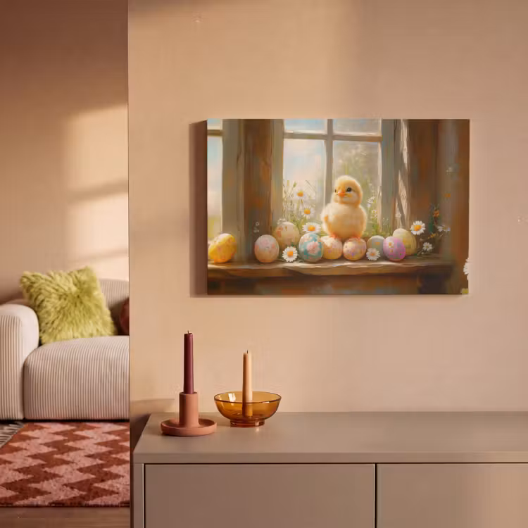 Canvas schilderij - Kuiken - Raam - Paaseieren — 2