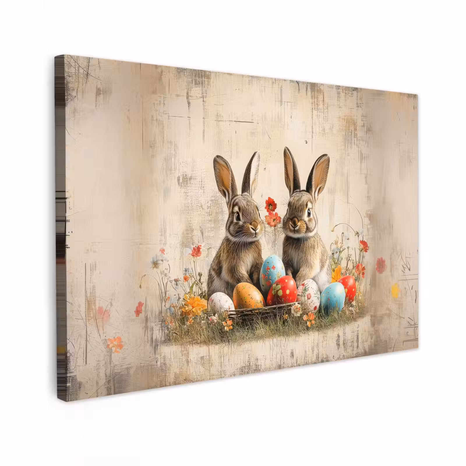 Canvas schilderij - Konijnen - Bloemen - Eieren — 1