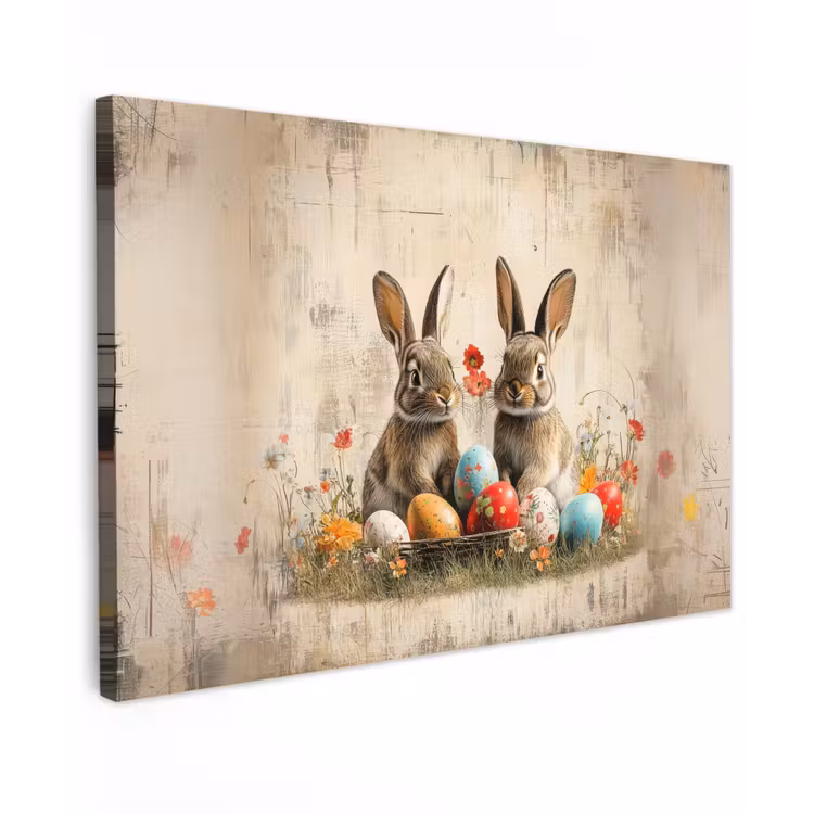 Canvas schilderij - Konijnen - Bloemen - Eieren — 1