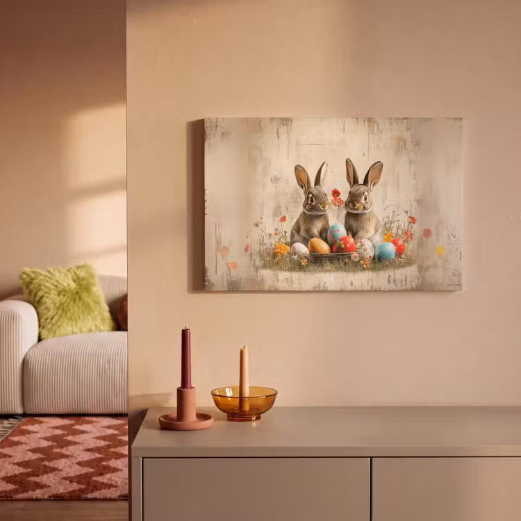 Canvas schilderij - Konijnen - Bloemen - Eieren — 2