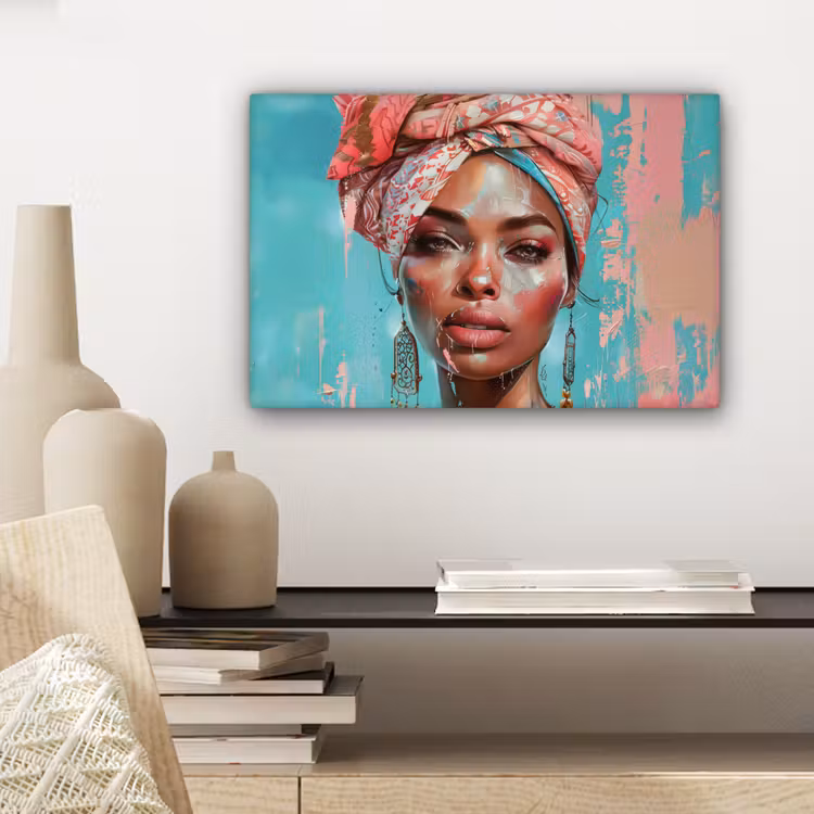 Canvas schilderij - Vrouw - Portret - Blauw - Roze - Modern — 5