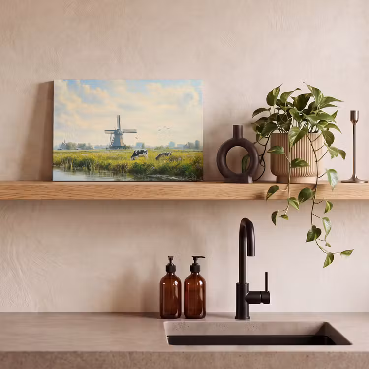 Canvas schilderij - Koeien - Windmolen - Weide - Blauw — 3