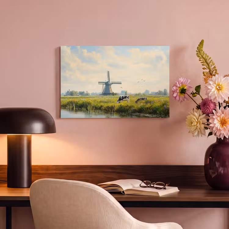 Canvas schilderij - Koeien - Windmolen - Weide - Blauw — 4